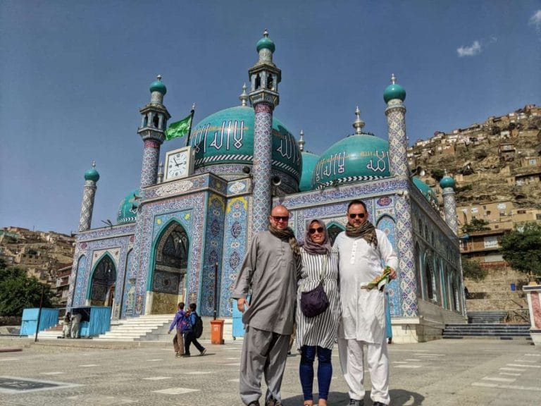 Untamed Borders guests in front of Blue Mosque, Kabul, Afghanistan