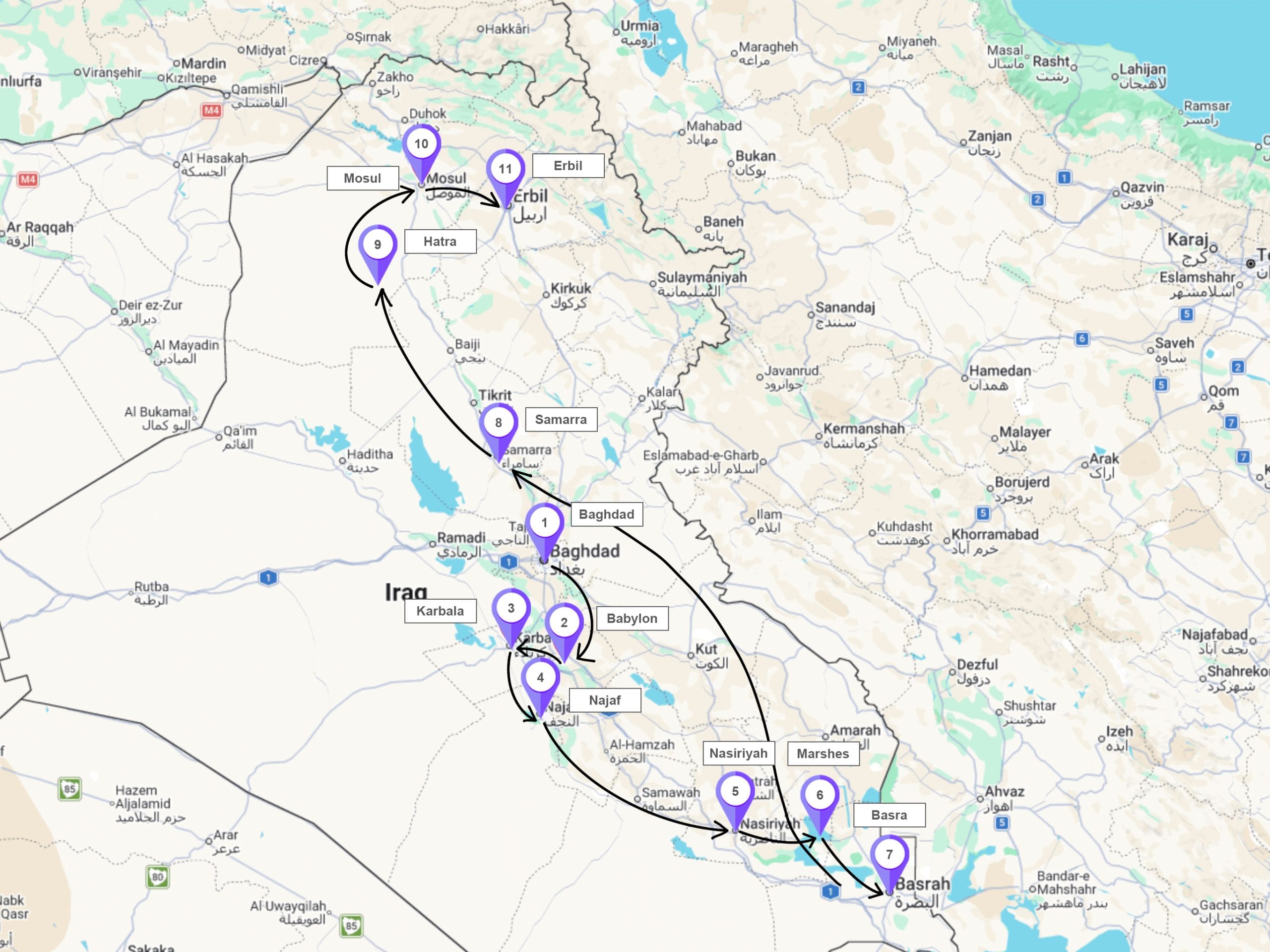 Iraq Cradle of Civilisation group trip route