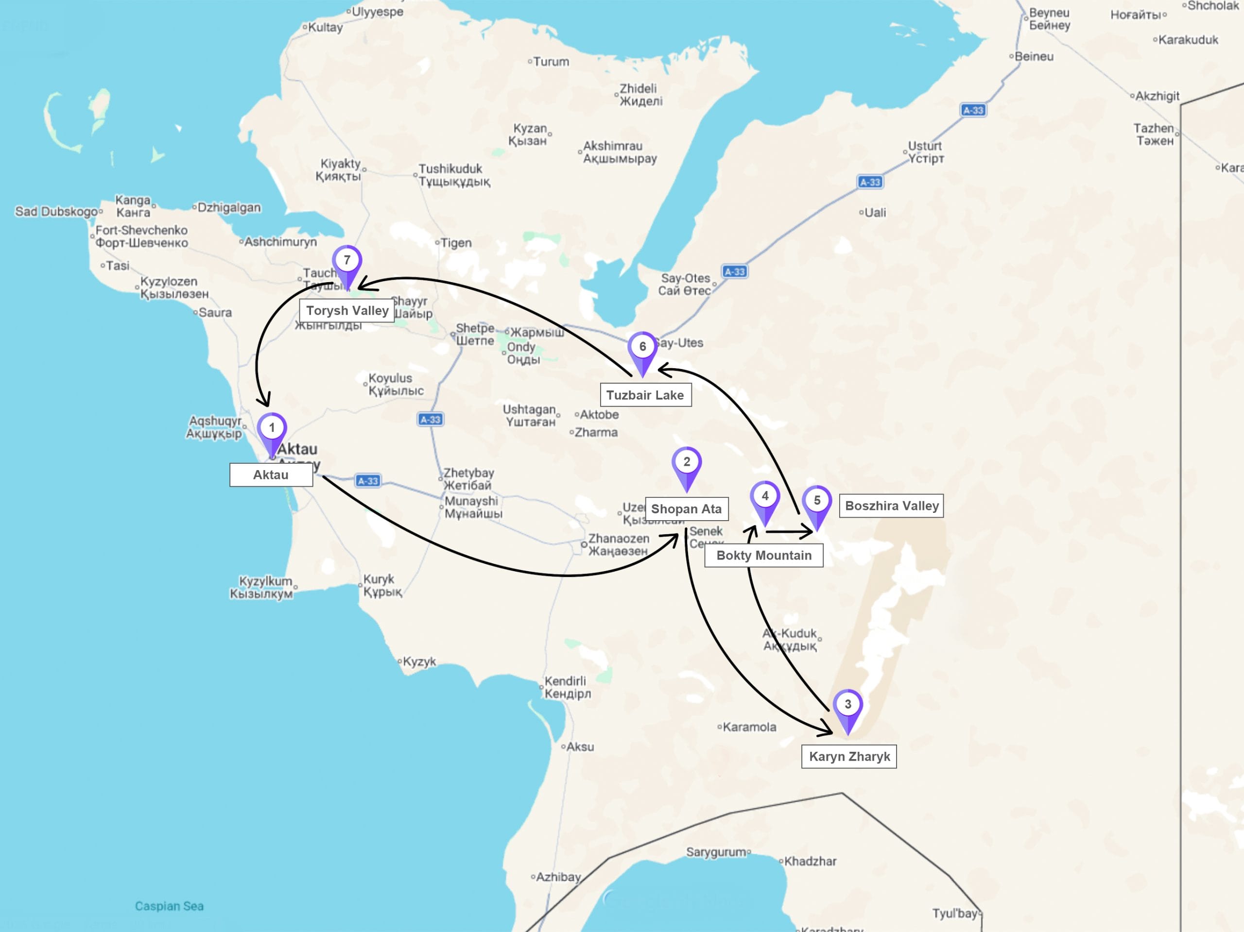 Mangystau, Western Kazakhstan group trip route